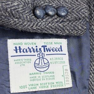 Vintage Harris Tweed Sport Coat Mens 38R 30R Blue Grey Wool Herringbone Blazer